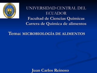 UNIVERSIDAD CENTRAL DEL ECUADOR Facultad de Ciencias Químicas Carrera de Química de alimentos Tema:  MICROBIOLOGÍA DE ALIMENTOS   Juan Carlos Reinoso 