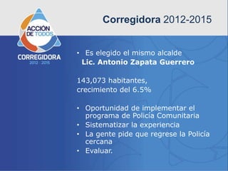 Corregidora 2012-2015


• Es elegido el mismo alcalde
 Lic. Antonio Zapata Guerrero

143,073 habitantes,
crecimiento del 6.5%

• Oportunidad de implementar el
  programa de Policía Comunitaria
• Sistematizar la experiencia
• La gente pide que regrese la Policía
  cercana
• Evaluar.
 
