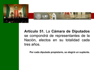 Artículo 51.  La  Cámara de Diputados  se compondrá de representantes de la Nación, electos en su totalidad cada tres años.  Por cada diputado propietario, se elegirá un suplente. 