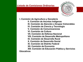 Listado de Comisiones Ordinarias I. Comisión de Agricultura y Ganadería II. Comisión de Asuntos Indígenas III. Comisión de Atención a Grupos Vulnerables IV. Comisión de Ciencia y Tecnología V. Comisión de Comunicaciones VI. Comisión de Cultura VII. Comisión de Defensa Nacional VIII. Comisión de Desarrollo Metropolitano IX. Comisión de Desarrollo Rural X. Comisión de Desarrollo Social XI. Comisión de Distrito Federal XII. Comisión de Economía XIII. Comisión de Educación Pública y Servicios Educativos I 