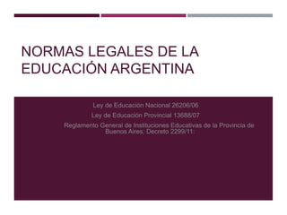 NORMAS LEGALES DE LA
EDUCACIÓN ARGENTINA
Ley de Educación Nacional 26206/06
Ley de Educación Provincial 13688/07
Reglamento General de Instituciones Educativas de la Provincia de
Buenos Aires: Decreto 2299/11:
 