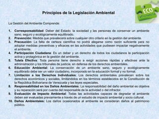 La Gestión del Ambiente Comprende:
1. Corresponsabilidad: Deber del Estado; la sociedad y las personas de conservar un ambiente
sano, seguro y ecológicamente equilibrado.
2. Prevención: Medida que prevalecerá sobre cualquier otro criterio en la gestión del ambiente.
3. Precaución: La falta de certeza científica no podrá alegarse como razón suficiente para no
adoptar medidas preventivas y eficaces en las actividades que pudiesen impactar negativamente
el ambiente.
4. Participación Ciudadana: Es un deber y un derecho de todos los ciudadanos la participación
activa y protagónica en la gestión del ambiente.
5. Tutela Efectiva: Toda persona tiene derecho a exigir acciones rápidas y efectivas ante la
administración y los tribunales de justicia, en defensa de los derechos ambientales.
6. Educación Ambiental: La conservación de un ambiente sano, seguro y ecológicamente
equilibrado debe ser un valor ciudadano, incorporado en la educación formal y no formal.
7. Limitación a los Derechos Individuales: Los derechos ambientales prevalecen sobre los
derechos económicos y sociales, limitándolos en los términos establecidos en la Constitución de
la República Bolivariana de Venezuela y las leyes especiales.
8. Responsabilidad en los Daños Ambientales: La responsabilidad del daño ambiental es objetiva
y su reparación será por cuenta del responsable de la actividad o del infractor.
9. Evaluación de Impacto Ambiental: Todas las actividades capaces de degradar el ambiente
deben ser evaluadas previamente a través de un estudio de impacto ambiental y socio cultural.
10. Daños Ambientales: Los daños ocasionados al ambiente se consideran daños al patrimonio
público.
Principios de la Legislación Ambiental
 