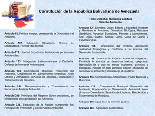 Artículo 15. Política Integral, preservando la Diversidad y el
Ambiente.
Artículo 107. Educación Obligatoria. Niveles de
Modalidades. Formal y No formal.
Artículo 112. Libertad Económica. Limitaciones por razones
Ambientales.
Artículo 153. Integración Latinoamericana y Caribeña.
Defensa de Intereses Ambientales.
Artículo 178. Competencia Municipal. Protección del
Ambiente, Cooperación en Saneamiento Ambiental, Aseo
Urbano y Domiciliario, Servicios de Limpieza, Recolección y
Tratamientos de Residuos.
Artículo 184. Descentralización y Transferencia de
Servicios en Materia Ambiental.
Artículo 299. Principios del Régimen Socio económico, se
fundamenta en la protección del Ambiente.
Artículo 326. Seguridad de la Nación, cumpliendo los
Principios de Promoción y Conservación Ambiental.
Constitución de la República Bolivariana de Venezuela
Artículo 127. Derecho, Deber, Estado y Sociedad. Proteger
y Mantener el Ambiente, Diversidad Biológica, Recursos
Genéticos, Procesos Ecológicos, Parques y Monumentos,
Aire, Agua, Suelos, Costas, Clima, Capa de Ozono y
Especies Vivas.
Artículo 128. Ordenación del Territorio, atendiendo
realidades Ecológicas y conforme a la premisa del
Desarrollo Sustentable.
Artículo 129. Estudios de Impacto Ambiental obligatorio.
Prohibida la entrada de desechos tóxicos, peligrosos,
fabricación de y uso de armas nucleares, químicas y
biológicas. Incluido en todo contrato público, obligación de
conservar el ambiente y restablecer el equilibrio.
Artículo 156. Competencias Ambientales, Poder Nacional y
Municipal.
Artículo 178. Competencia Municipal. Protección del
Ambiente, Cooperación en Saneamiento Ambiental, Aseo
Urbano y Domiciliario, Servicios de Limpieza, Recolección y
Tratamientos de Residuos.
Artículo 304. Agua bien de dominio publico.
Artículo 305. Agricultura Sustentable.
Titulo Derechos Humanos Capítulo
Derecho Ambiental
 