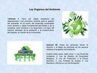 Artículo 39. Todas las personas tienen el
derecho y el deber de participar en los asuntos
relativos a la gestión del ambiente.
Existen otras Leyes, tales como: 1. Ley Penal del
Ambiente, 2. Ley de Gestión de Diversidad
Biológica, 3. Ley de Protección a la Fauna
Silvestre, 4. Ley Forestal de Suelos 5. Los
Decretos y Norma en pro del Ambiente”.
Ley Orgánica del Ambiente
“Artículo 1. Tiene por objeto establecer las
disposiciones y los principios rectores para la gestión
del ambiente, en el marco del desarrollo sustentable
como derecho y deber fundamental del Estado y de la
sociedad, para contribuir a la seguridad y al logro del
máximo bienestar de la población y al sostenimiento
del planeta, en interés de la humanidad.
 