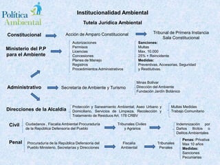 Tutela Jurídica Ambiental
Institucionalidad Ambiental
Constitucional Acción de Amparo Constitucional Tribunal de Primera Instancia
Sala Constitucional
Ministerio del P.P
para el Ambiente
Autorizaciones
Permisos
Licencias
Concesiones
Planes de Manejo
Registros
Procedimientos Administrativos
Sanciones:
Multas
Max. 10.000
25% + Reincidente
Medidas:
Preventivas, Accesorias, Seguridad
y Restitutivas.
Administrativo Secretaría de Ambiente y Turismo
Minas Bolívar
Dirección del Ambiente
Fundación Jardín Botánico
Direcciones de la Alcaldía
Protección y Saneamiento Ambiental; Aseo Urbano y
Domiciliario, Servicios de Limpieza, Recolección y
Tratamiento de Residuos Art. 178 CRBV
Multas Medidas
Trabajo Comunitario
Civil
Penal
Ciudadanos , Fiscalía Ambiental Procuraduría
de la República Defensoría del Pueblo
Procuraduría de la República Defensoría del
Pueblo Ministerio, Secretarías y Direcciones
Tribunales Civiles
y Agrarios
Indemnización por
Daños Ilícitos o
Delitos Ambientales
Fiscalía
Ambiental
Tribunales
Penales
Penas: Privativa
Max 10 años
Medidas:
Sanciones
Pecuniarias
 