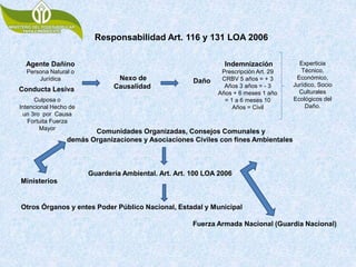 Agente Dañino
Persona Natural o
Jurídica
Conducta Lesiva
Culposa o
Intencional Hecho de
un 3ro por Causa
Fortuita Fuerza
Mayor
Responsabilidad Art. 116 y 131 LOA 2006
Nexo de
Causalidad
Daño
Indemnización
Prescripción Art. 29
CRBV 5 años = + 3
Años 3 años = - 3
Años + 6 meses 1 año
= 1 a 6 meses 10
Años = Civil
Experticia
Técnico,
Económico,
Jurídico, Socio
Culturales
Ecológicos del
Daño.
Comunidades Organizadas, Consejos Comunales y
demás Organizaciones y Asociaciones Civiles con fines Ambientales
Ministerios
Guardería Ambiental. Art. Art. 100 LOA 2006
Otros Órganos y entes Poder Público Nacional, Estadal y Municipal
Fuerza Armada Nacional (Guardia Nacional)
 