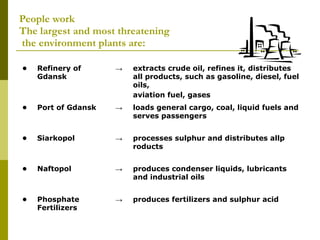 People work The largest and most threatening  the environment plants are: • Refinery of Gdansk -> extracts crude oil, refines it, distributes all products, such as gasoline, diesel, fuel oils, aviation fuel, gases • Port of Gdansk -> loads general cargo, coal, liquid fuels and serves passengers • Siarkopol -> processes sulphur and distributes allp roducts • Naftopol -> produces condenser liquids, lubricants and industrial oils • Phosphate Fertilizers -> produces fertilizers and sulphur acid 