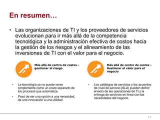 13
En resumen…
• Las organizaciones de TI y los proveedores de servicios
evolucionan para ir más allá de la competencia
tecnológica y la administración efectiva de costos hacia
la gestión de los riesgos y el alineamiento de las
inversiones de TI con el valor para el negocio.
• La tecnología ya no puede verse
simplemente como un costo separado de
los procesos que automatiza.
• Pasó de ser una opción a una necesidad,
de una innovación a una utilidad.
• Los catálogos de servicios y los acuerdos
de nivel de servicio (SLA) pueden definir
el éxito de las operaciones de TI y la
entrega de servicios en línea con las
necesidades del negocio.
Más allá de centro de costos -
gestionar el riesgo
Más allá de centro de costos -
Gestionar el valor para el
negocio
 
