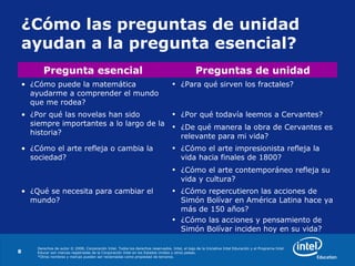 Derechos de autor © 2008, Corporación Intel. Todos los derechos reservados. Intel, el logo de la Iniciativa Intel Educación y el Programa Intel
Educar son marcas registradas de la Corporación Intel en los Estados Unidos y otros países.
*Otros nombres y marcas pueden ser reclamadas como propiedad de terceros.
8
¿Cómo las preguntas de unidad
ayudan a la pregunta esencial?
Pregunta esencial Preguntas de unidad
• ¿Cómo puede la matemática
ayudarme a comprender el mundo
que me rodea?
• ¿Para qué sirven los fractales?
• ¿Por qué las novelas han sido
siempre importantes a lo largo de la
historia?
• ¿Por qué todavía leemos a Cervantes?
• ¿De qué manera la obra de Cervantes es
relevante para mi vida?
• ¿Cómo el arte refleja o cambia la
sociedad?
• ¿Cómo el arte impresionista refleja la
vida hacia finales de 1800?
• ¿Cómo el arte contemporáneo refleja su
vida y cultura?
• ¿Qué se necesita para cambiar el
mundo?
• ¿Cómo repercutieron las acciones de
Simón Bolívar en América Latina hace ya
más de 150 años?
• ¿Cómo las acciones y pensamiento de
Simón Bolívar inciden hoy en su vida?
 