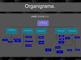 Organigrama.
PRESIDENTE
JAILENE DE LA CRUZ WINZIG
JEFE ÁREA ADMINISTRATIVA
LIC. AGUSTIN CORDOVA FRIAS
ALMACEN
SISEMASCOMPRAS
RECURSOS HUMANOS
JEFE DE ÁREA CONTABLE
LIC. FERNANDO GARRE MÉNDEZ
AUXILIAR CONTABLE
SECTOR DE CREDITOS
SECTOR DE COBRANZA
JEFE DE ÁREA DE OPERACIÓN
LIC.FERNADA DÍAS LÓPEZ.
SECTOR DE
PRODUCCIÓN
SECTOR DE
MANTENIMIENTO
JEFE DE ÁREA DE VENTAS
LIC.SONIA RAMOS PENEIRO
MARKETING
OBREROS
SECTOR DE VENTA
OBREROS
OBREROS
PUBLICIDAD
OBREROSOBREROS
JEFE DE ÁREA DE CALIDAD.
LIC.MARÍA ALONSO TÚN
SECTOR
SEGURIDAD
SECTOR DE
HIGIENE
JAMEL S.A DE C.V.
 