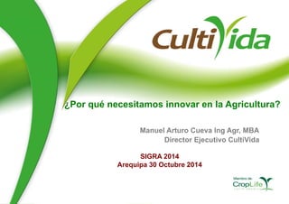 ¿Por qué necesitamos innovar en la Agricultura? 
Manuel Arturo Cueva Ing Agr, MBA 
Director Ejecutivo CultiVida 
SIGRA 2014 
Arequipa 30 Octubre 2014 
 