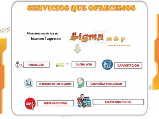 PUBLICIDAD DISEÑO WEB CAPACITACIÓN
Nuestros servicios se
basanen7 aspectos:
ESTUDIOS DE MERCADOS CAMPAÑAS PUBLICIDAD
MERCHANDISING MARKETING DIGITAL
 