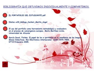 BIBLIOGRAFÍA QUE OBTUVIMOS INDIVIDUALMENTE Y COMPARTIMOS.
EL PORTAFOLIO DEL ESTUDIANTE.pdf
Edutec-e30_Gallego_Cacheir_Martin_Angel
El uso del portfolio como herramienta metodológica y evaluadora
en el proceso de convergencia europea. María Martínez Lirola.
Universidad de Alicante
García Doval, Fatima. El papel de los e-portfolios en la enseñanza de las lenguas.
Glosas Didacticas. Rev Electronica internacional. ISSN 1575-7809.
Nº14 Primavera 2005.
 