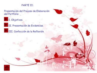 PARTE II:
Presentación del Proceso de Elaboración
del Portfolio:
I. Objetivos.
II. Presentación de Evidencias.
III. Confección de la Reflexión.
 