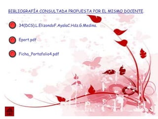 BIBLIOGRAFÍA CONSULTADA PROPUESTA POR EL MISMO DOCENTE.
34(DCS).L.ElizondoF.AyalaC.Hdz.G.Medina.
Eport.pdf
Ficha_Portafolio4.pdf
 