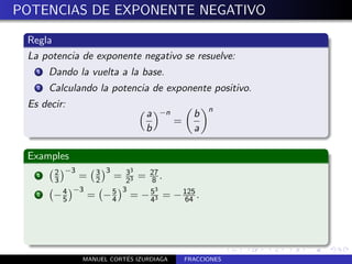 POTENCIAS DE EXPONENTE NEGATIVO

 Regla
 La potencia de exponente negativo se resuelve:
   1   Dando la vuelta a la base.
   2   Calculando la potencia de exponente positivo.
 Es decir:                                        n
                               a   −n         b
                                        =
                               b              a

 Examples
        2 −3      3     3
   1
        3    = 3 = 33 = 27 .
                2      2  8
          4 −3      5 3   53
   2    −5     = − 4 = − 43 =           − 125 .
                                           64




                         ´
              MANUEL CORTES IZURDIAGA       FRACCIONES
 