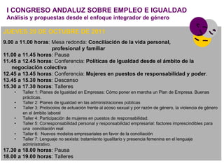 I CONGRESO ANDALUZ SOBRE EMPLEO E IGUALDAD
 Análisis y propuestas desde el enfoque integrador de género

JUEVES 20 DE OCTUBRE DE 2011
9.00 a 11.00 horas: Mesa redonda: Conciliación de la vida personal,
                    profesional y familiar
11.00 a 11.45 horas: Pausa
11.45 a 12.45 horas: Conferencia: Políticas de Igualdad desde el ámbito de la
   negociación colectiva
12.45 a 13.45 horas: Conferencia: Mujeres en puestos de responsabilidad y poder.
13.45 a 15.30 horas: Descanso
15.30 a 17.30 horas: Talleres
    •   Taller 1: Planes de Igualdad en Empresas: Cómo poner en marcha un Plan de Empresa. Buenas
        prácticas.
    •   Taller 2: Planes de igualdad en las administraciones públicas
    •   Taller 3: Protocolos de actuación frente al acoso sexual y por razón de género, la violencia de género
        en el ámbito laboral
    •   Taller 4: Participación de mujeres en puestos de responsabilidad.
    •   Taller 5: Corresponsabilidad personal y responsabilidad empresarial: factores imprescindibles para
        una conciliación real
    •   Taller 6: Nuevos modelos empresariales en favor de la conciliación
    •   Taller 7: Lenguaje no sexista: tratamiento igualitario y presencia femenina en el lenguaje
        administrativo.
17.30 a 18.00 horas: Pausa
18.00 a 19.00 horas: Talleres
 