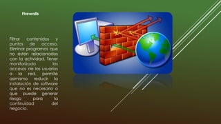 Firewalls
Filtrar contenidos y
puntos de acceso.
Eliminar programas que
no estén relacionados
con la actividad. Tener
monitorizado los
accesos de los usuarios
a la red, permite
asimismo reducir la
instalación de software
que no es necesario o
que puede generar
riesgo para la
continuidad del
negocio.
 