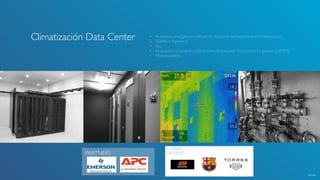 Climatización Data Center • Auditorias energéticas y eﬁciencia (Estudios termográﬁcos, Monitorización)
• Diseño e ingeniería.
• Roi.
• Integración (Impulsión, Distribución, Producción frío, Control y gestión (DCIM))
• Mantenimiento.
PARTNERS
CASOS
DE ÉXITO
volver
 