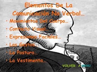 Elementos De La Comunicación No Verbal… Movimientos Del Cuerpo… Contacto Visual… Expresiones Faciales… Los Gestos… La Postura… La Vestimenta… VOLVER  A   MENU 