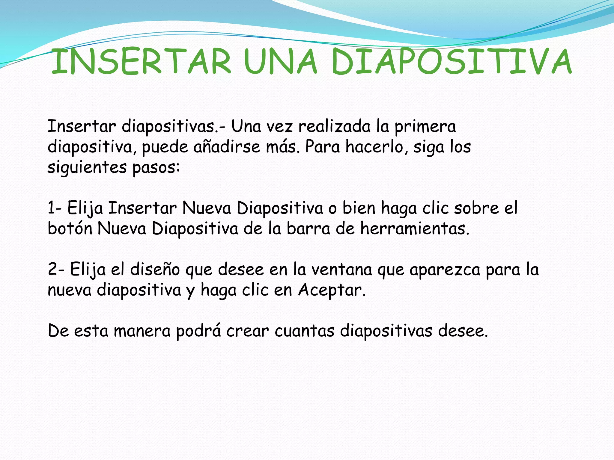Por el contrario, también es posible iniciar una nueva presentación a partir de las teclas ctrl.+ u. El resultado será el siguiente:Diseño de la diapositiva