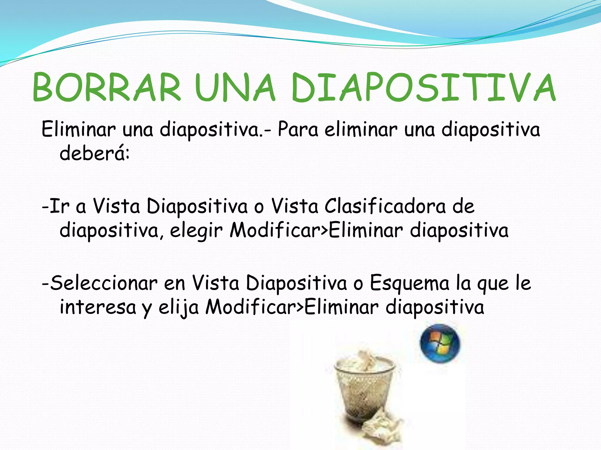 INSERTAR UNA DIAPOSITIVAInsertar diapositivas.- Una vez realizada la primera diapositiva, puede añadirse más. Para hacerlo, siga los siguientes pasos:1- Elija Insertar Nueva Diapositiva o bien haga clic sobre el botón Nueva Diapositiva de la barra de herramientas.2- Elija el diseño que desee en la ventana que aparezca para la nueva diapositiva y haga clic en Aceptar.De esta manera podrá crear cuantas diapositivas desee.