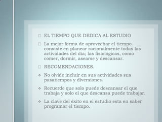 MEMORIZACION: Es grabar en la memoria los conocimientos que queremos recordar.CONDICIONES EXTERNAS DEL METODO DE ESTUDIOEl rendimiento en el estudio se relaciona con las condiciones físicas del estudiante:NORMALIDAD DE LOS ORGANOS DEL PRENDIZAJE:Todos los cinco sentidos intervienen en la captación del conocimiento.