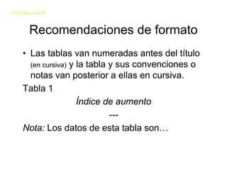 NORMAS APA


     Recomendaciones de formato
   • Las tablas van numeradas antes del título
     (en cursiva) y la tabla y sus convenciones o
     notas van posterior a ellas en cursiva.
   Tabla 1
                    Índice de aumento
                             ---
   Nota: Los datos de esta tabla son…
 