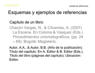 NORMAS APA                                   Listado de referencias.


  Esquemas y ejemplos de referencias
   Capítulo de un libro:
   Chacón Vargas, N., & Cifuentes, A. (2007).
    La Escena. En Coloma & Vasquez (Eds.)
    Procedimientos cinematográficos. (pp. 24
    – 69). Bogotá: Magisterio.
   Autor, A.A., & Autor, B.B. (Año de la publicación).
   Título del capítulo. En A. Editor & B. Editor (Eds.),
   Título del libro (páginas del capítulo). Ubicación:
   Editor.
 
