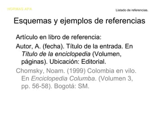 NORMAS APA                            Listado de referencias.


  Esquemas y ejemplos de referencias
   Artículo en libro de referencia:
   Autor, A. (fecha). Título de la entrada. En
     Título de la enciclopedia (Volumen,
     páginas). Ubicación: Editorial.
   Chomsky, Noam. (1999) Colombia en vilo.
     En Enciclopedia Columba. (Volumen 3,
     pp. 56-58). Bogotá: SM.
 
