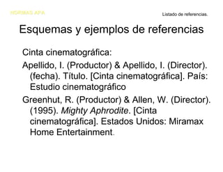 NORMAS APA                              Listado de referencias.


  Esquemas y ejemplos de referencias
   Cinta cinematográfica:
   Apellido, I. (Productor) & Apellido, I. (Director).
     (fecha). Título. [Cinta cinematográfica]. País:
     Estudio cinematográfico
   Greenhut, R. (Productor) & Allen, W. (Director).
     (1995). Mighty Aphrodite. [Cinta
     cinematográfica]. Estados Unidos: Miramax
     Home Entertainment.
 