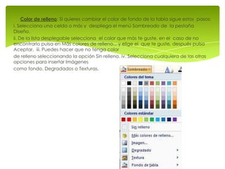 Color de relleno: Si quieres cambiar el color de fondo de la tabla sigue estos pasos:
i. Selecciona una celda o más y despliega el menú Sombreado de la pestaña
Diseño.
ii. De la lista desplegable selecciona el color que más te guste, en el caso de no
encontrarlo pulsa en Más colores de relleno... y elige el que te guste, después pulsa
Aceptar. iii. Puedes hacer que no tenga color
de relleno seleccionando la opción Sin relleno. iv. Selecciona cualquiera de las otras
opciones para insertar Imágenes
como fondo, Degradados o Texturas.
 