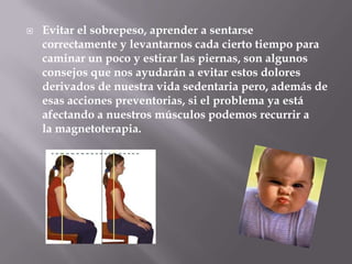    Evitar el sobrepeso, aprender a sentarse
    correctamente y levantarnos cada cierto tiempo para
    caminar un poco y estirar las piernas, son algunos
    consejos que nos ayudarán a evitar estos dolores
    derivados de nuestra vida sedentaria pero, además de
    esas acciones preventorias, si el problema ya está
    afectando a nuestros músculos podemos recurrir a
    la magnetoterapia.
 