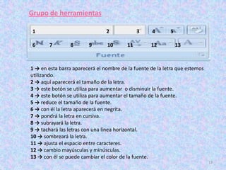 Grupo de herramientas

 1                              2             3    4       5

 6      7        8      9       10       11        12          13



1 → en esta barra aparecerá el nombre de la fuente de la letra que estemos
utilizando.
2 → aquí aparecerá el tamaño de la letra.
3 → este botón se utiliza para aumentar o disminuir la fuente.
4 → este botón se utiliza para aumentar el tamaño de la fuente.
5 → reduce el tamaño de la fuente.
6 → con él la letra aparecerá en negrita.
7 → pondrá la letra en cursiva.
8 → subrayará la letra.
9 → tachará las letras con una línea horizontal.
10 → sombreará la letra.
11 → ajusta el espacio entre caracteres.
12 → cambio mayúsculas y minúsculas.
13 → con él se puede cambiar el color de la fuente.
                                                                             13
 