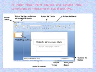 Al iniciar Power Point aparece una pantalla inicial
como la que os mostramos en esta diapositiva…




                                                      6
 