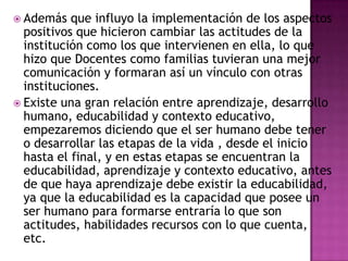  Además que influyo la implementación de los aspectos
positivos que hicieron cambiar las actitudes de la
institución como los que intervienen en ella, lo que
hizo que Docentes como familias tuvieran una mejor
comunicación y formaran así un vínculo con otras
instituciones.
 Existe una gran relación entre aprendizaje, desarrollo
humano, educabilidad y contexto educativo,
empezaremos diciendo que el ser humano debe tener
o desarrollar las etapas de la vida , desde el inicio
hasta el final, y en estas etapas se encuentran la
educabilidad, aprendizaje y contexto educativo, antes
de que haya aprendizaje debe existir la educabilidad,
ya que la educabilidad es la capacidad que posee un
ser humano para formarse entraría lo que son
actitudes, habilidades recursos con lo que cuenta,
etc.
 