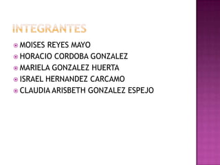  MOISES REYES MAYO
 HORACIO CORDOBA GONZALEZ
 MARIELA GONZALEZ HUERTA
 ISRAEL HERNANDEZ CARCAMO
 CLAUDIA ARISBETH GONZALEZ ESPEJO
 
