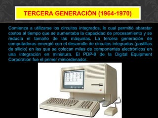 TERCERA GENERACIÓN (1964-1970)
Comienza a utilizarse los circuitos integrados, lo cual permitió abaratar
costos al tiempo que se aumentaba la capacidad de procesamiento y se
reducía el tamaño de las máquinas. La tercera generación de
computadoras emergió con el desarrollo de circuitos integrados (pastillas
de silicio) en las que se colocan miles de componentes electrónicos en
una integración en miniatura. El PDP-8 de la Digital Equipment
Corporation fue el primer miniordenador.

 