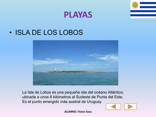 PLAYAS
• ISLA DE LOS LOBOS
ALUMNO: Víctor Sosa
La Isla de Lobos es una pequeña isla del océano Atlántico,
ubicada a unos 8 kilómetros al Sudeste de Punta del Este.
Es el punto emergido más austral de Uruguay
 