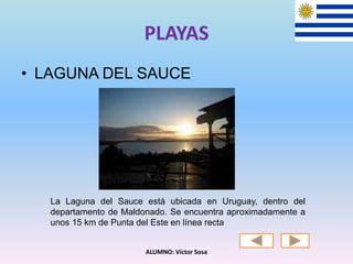PLAYAS
• LAGUNA DEL SAUCE
ALUMNO: Víctor Sosa
La Laguna del Sauce está ubicada en Uruguay, dentro del
departamento de Maldonado. Se encuentra aproximadamente a
unos 15 km de Punta del Este en línea recta
 