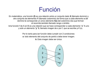Función
En matemática, una función (f) es una relación entre un conjunto dado X (llamado dominio) y
otro conjunto de elementos Y (llamado codominio) de forma que a cada elemento x del
dominio le corresponde un único elemento f(x) del codominio (los que forman
el recorrido,también llamado rango o ámbito.
Una función f de A en B es una relación que se hace corresponder a cada elemento “x” A uno
y solo un elemento “y” B, llamado imagen de x por f, que se escribe y=f (x).
Por lo tanto para ser función debe cumplir con 2 condiciones:
a: todo elemento del conjunto de partid a debe tener imagen.
b: Esta imagen debe ser única.
1
2
3
4
a
b
c
d
 