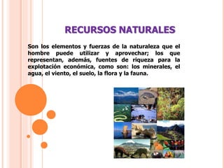 RECURSOS NATURALES
Son los elementos y fuerzas de la naturaleza que el
hombre puede utilizar y aprovechar; los que
representan, además, fuentes de riqueza para la
explotación económica, como son: los minerales, el
agua, el viento, el suelo, la flora y la fauna.
 
