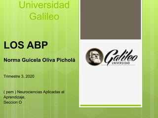 Universidad
Galileo
LOS ABP
Norma Guicela Oliva Picholá
Trimestre 3, 2020
( pem ) Neurociencias Aplicadas al
Aprendizaje,
Seccion O
 