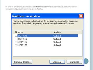 Sielige un servicio en el cuadro de diálogo Modificar un servicio, seleccione cualquier puerto asociado con el servicio que desea abrir y haga clic en Aceptar.
