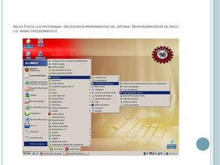 Desfragmentador de Windows es un programa incluido en Microsoft Windows diseñado para aumentar la velocidad de acceso al disco (y, en ocasiones, aumentar la cantidad de espacio utilizable) mediante la desfragmentación, es decir, la reordenación de los archivos almacenados en un disco de manera que sus pedazos ocupen un espacio contiguo. El objetivo es minimizar el tiempo de movimiento de los cabezales del disco y aumentar al máximo la velocidad de transferencia.