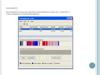 Una vez terminada la operación de desfragmentado, reiniciamos, esta vez ya en modo normal. Cuando reinicie ya solo nos queda volver a ocultar los archivos y carpetas ocultos (por el mismo proceso que hemos utilizado para mostrarlos, pero eligiendo la opción No mostrar archivos ni carpetas ocultos), volver a ocultar los archivos protegidos del sistema y (esto muy recomendable, aunque no obligatorio) pasar nuestro antivirus a TODO el sistema. Bien, una vez terminado todo este proceso ya tendremos nuestro ordenador en buenas condiciones durante una temporada, a la vez que notaremos una mayor velocidad y mejor rendimiento. http://www.google.com.mx/imgres?imgurl=http://www2.configurarequipos.com/imgdocumentos/Jelitemp/etdesf.jpg&imgrefurl=http://www.configurarequipos.com/doc476.html&usg=__D3YJ6ZG5yrM19O_TLm0KmmsSb4A=&h=430&w=573&sz=64&hl=es&start=3&sig2=_mzqB-zMdWXGHkoh4zKdBwhttp://www.google.com.mx/imgres?imgurl=http://www.monografias.com/trabajos38/cuidado-discos-duros/Image9069.gif&imgrefurl=http://www.taringa.net/posts/info/1601624/como-desfragmentar-una-pc.html&usg=__8nuX0KNOogWw-VwHkNAx6lLWKPI=&h=506&w=530&sz=32&hl=es&st