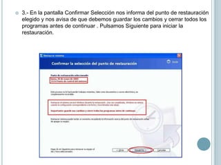 Al final de la restauración, el equipo se reiniciará y volverá a la configuración que hemos elegido. Por último en ocasiones es necesario desactivar la opción restaurar sistema. Esto se puede hacer, bien desde la primera ventana que sale cuando seleccionamos Restaurar Sistema, en la que a la derecha hay una opción que es Configuración Restaurar sistema, o bien desde  Sistema Panel de Control  Configuración Inicio  , donde seleccionaremos la pestaña Restaurar Sistema y habilitaremos la opción Desactivar Restaurar Sistema . Hay que tener en cuenta que al hacer esto se eliminarán todos los puntos de restauración que teníamos creados. 