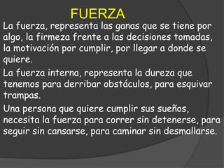 FUERZA
La fuerza, representa las ganas que se tiene por
algo, la firmeza frente a las decisiones tomadas,
la motivación por cumplir, por llegar a donde se
quiere.
La fuerza interna, representa la dureza que
tenemos para derribar obstáculos, para esquivar
trampas.
Una persona que quiere cumplir sus sueños,
necesita la fuerza para correr sin detenerse, para
seguir sin cansarse, para caminar sin desmallarse.
 