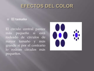  El tamaño 
El círculo central parece 
más pequeño si está 
rodeado de círculos de 
mayor tamaño y más 
grande si por el contrario 
lo rodean círculos más 
pequeños. 
 