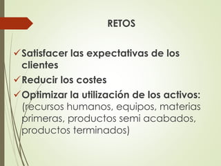 RETOS
Satisfacer las expectativas de los
clientes
Reducir los costes
Optimizar la utilización de los activos:
(recursos humanos, equipos, materias
primeras, productos semi acabados,
productos terminados)
 